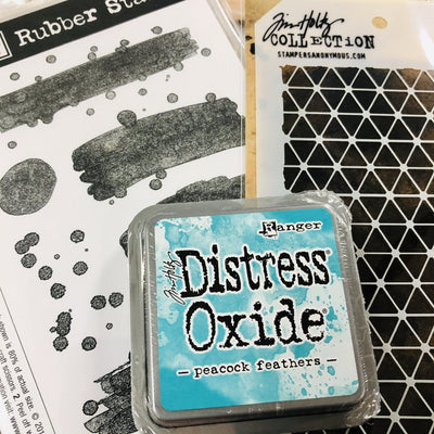 Selection of Mixed Media products including Tim Holtz Distress Oxide Pad, Tim Holtz Stencil and Darkroom Door rubber stamp set