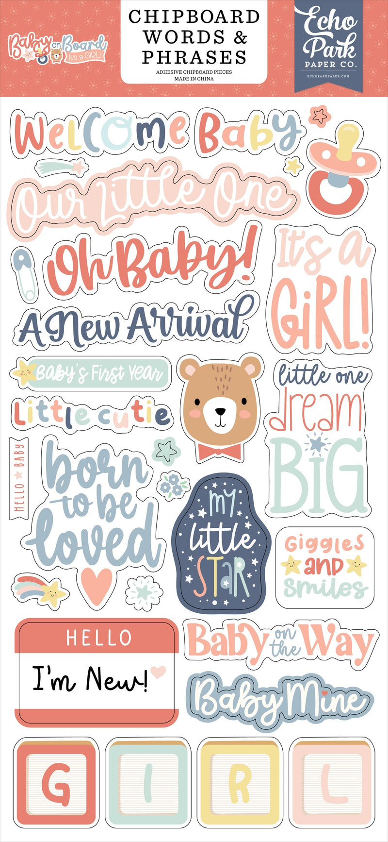 Echo Park - Baby On Board - Girl Chipboard Words & Phrases