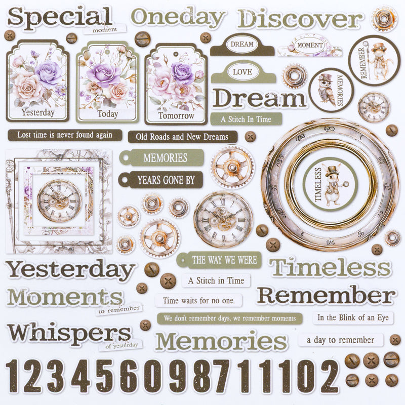 Decorative elements with text and vintage-style designs on a white background